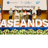 The top three teams at the Final Regional of ASEAN Data Science Explorer 2024 with Aaron Ang, VP, Head of Midmarket, SAP Southeast Asia and H. E. Dr. Sourioudong Sundara, Vice Minister of Education and Sport, Lao PDR in Vientiane